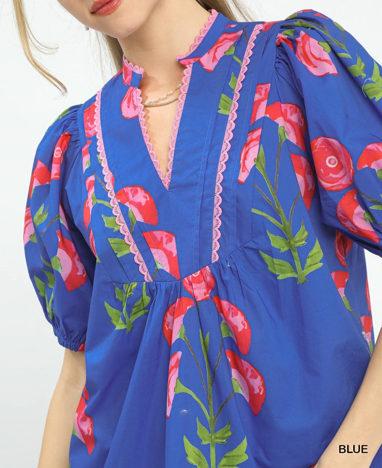 Umgee Blue V-Neck Pink Floral Puff Sleeve Top