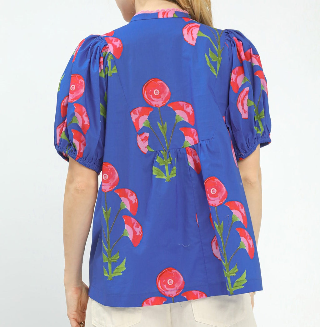 Umgee Blue V-Neck Pink Floral Puff Sleeve Top