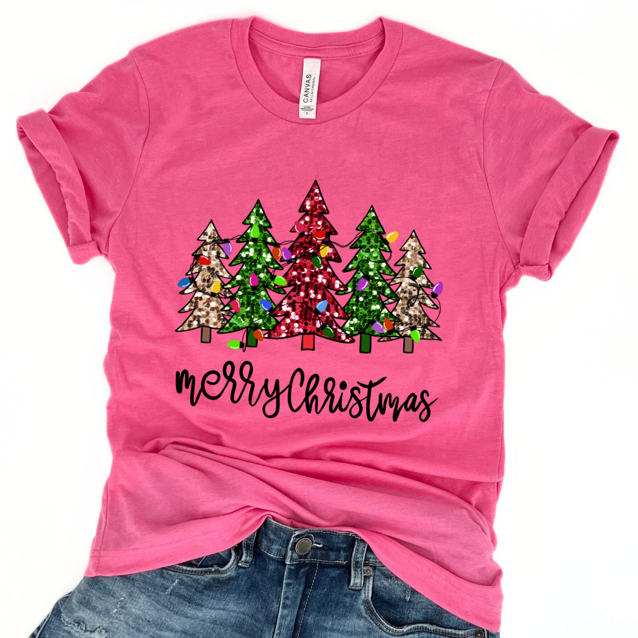 Merry Christmas Women’s T-Shirt with Sparkling Graphic Christmas Trees - Charlotte's Classy Closet