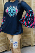 AZTEC PRINT NAVY LONG BELL SLEEVE TUNIC TOP