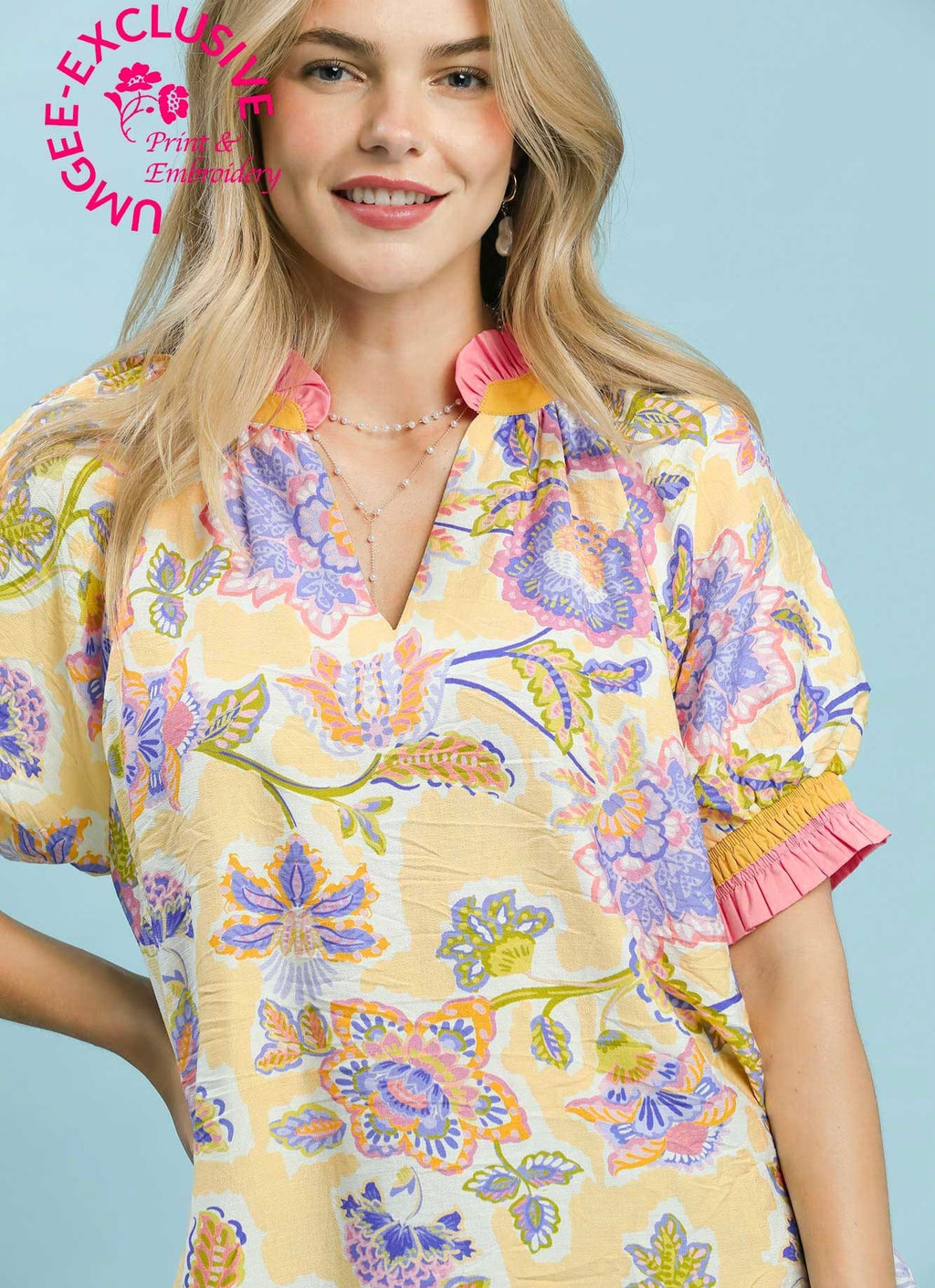 Umgee Stunning Botanical Pastel Print Contrasting Trim Split V-Neck with Puff Sleeves Top