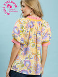 Umgee Stunning Botanical Pastel Print Contrasting Trim Split V-Neck with Puff Sleeves Top