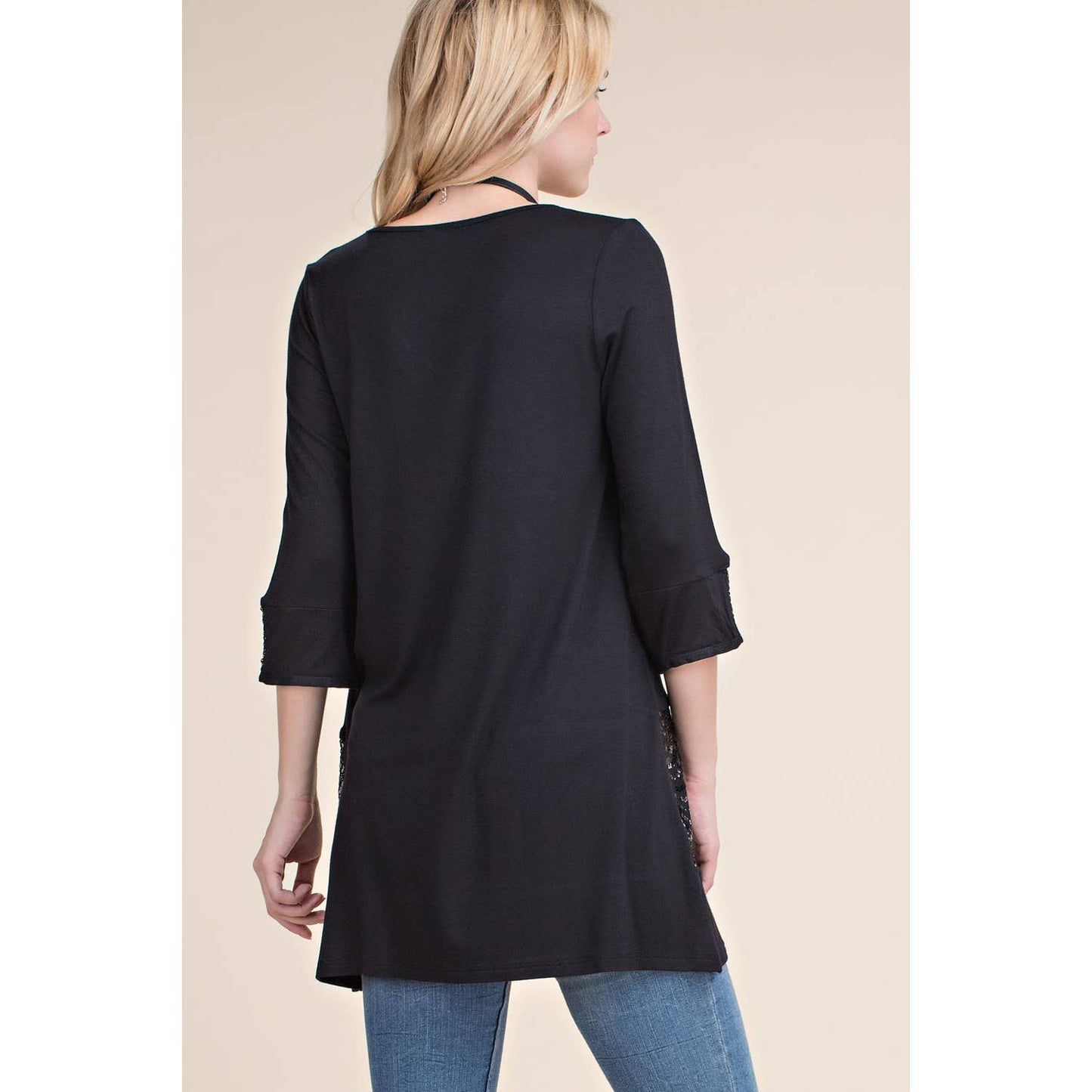 SEQUINS DETAIL ON TOP & SLEEVE V NECK TUNIC KNIT TOP