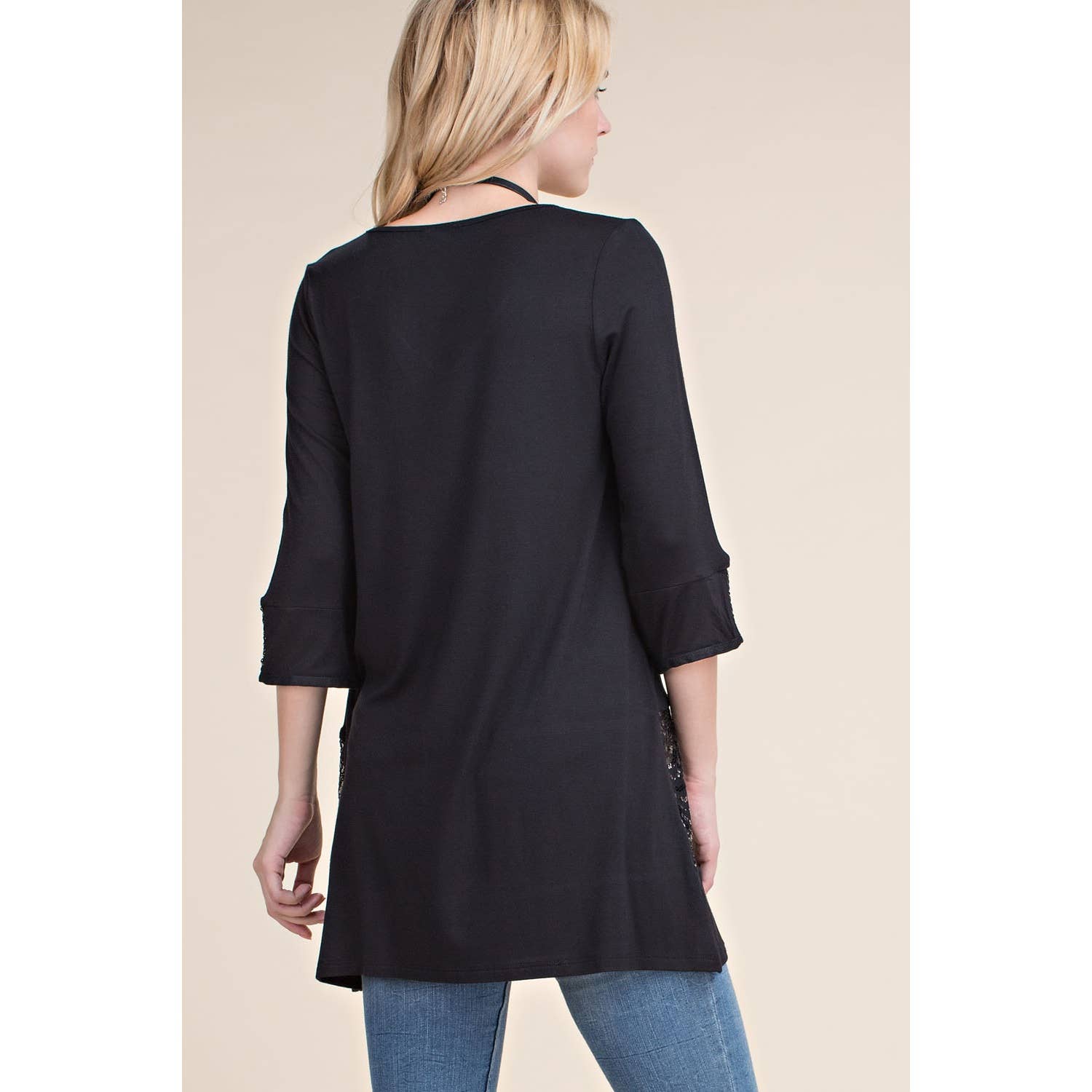 VOCAL BRAND V-NECK TUNIC TOP OR DRESS SEQUIN DETAIL ON SLEEVE & BOTTOM
