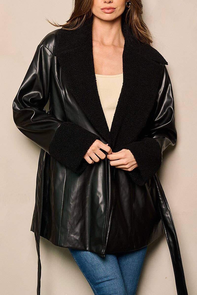 BLACK SHERPA COLLAR & SLEEVE TRIM FAUX LEATHER LONG SLEEVE SELF TIE JACKET - photo 2