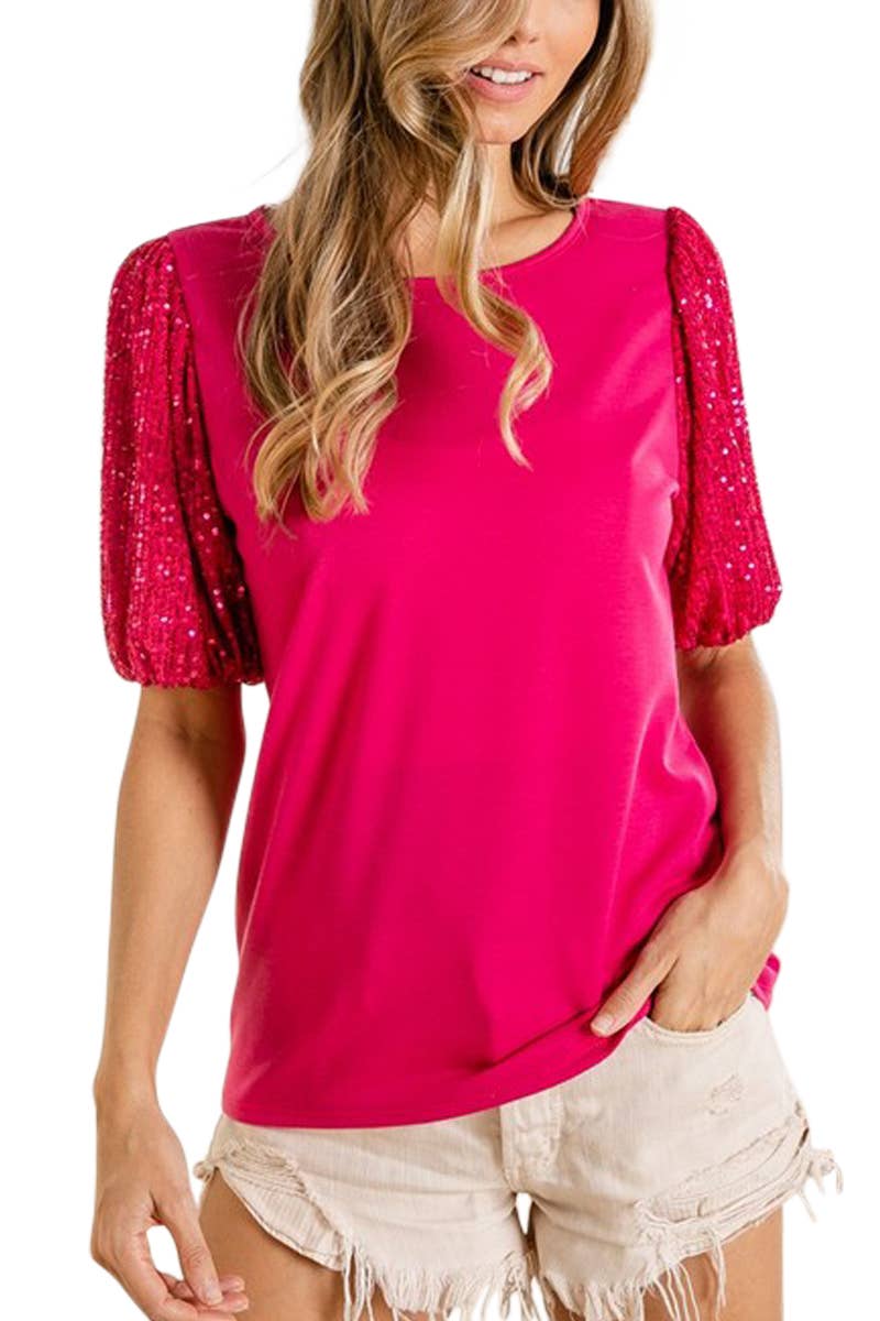 Fuchsia French Terry Knit Top with Matching Color Puff Sequin Sleeves | Charlotte's Classy Closet