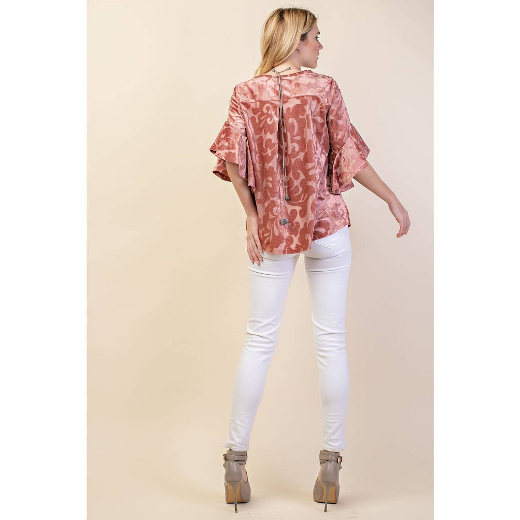STUNNING PRINT 3/4 WATERFALL RUFFLE SLEEVE DRESSY TOP | Black or Mauve Color |  Charlotte’s Classy Closet