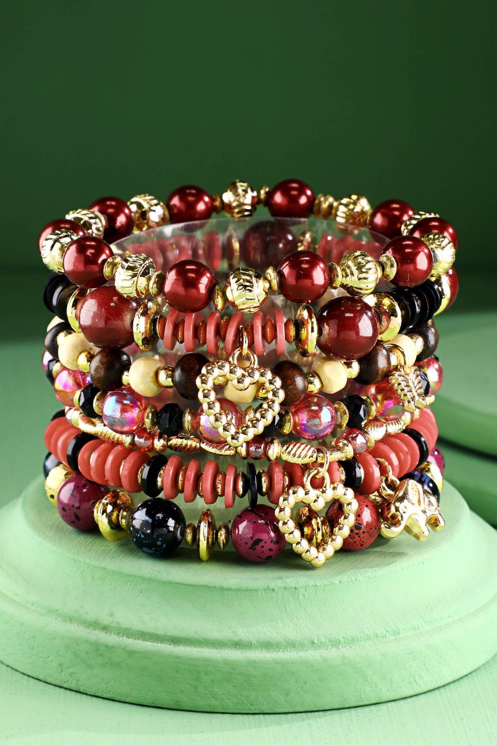 Red Multi Color 7 Layered Multi-Bead Stretch Bracelet with Charms - photo 2