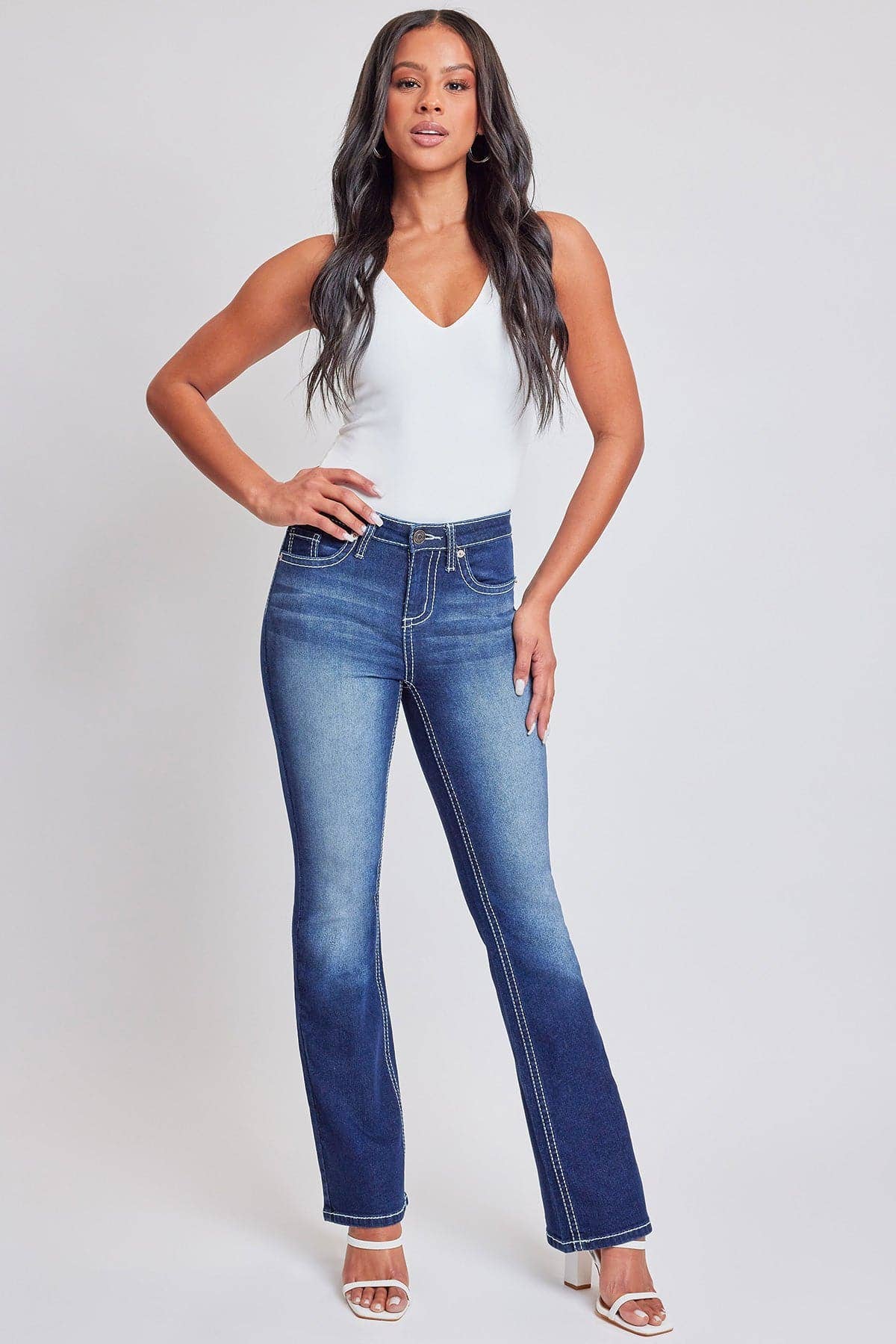Mid Rise Faded Bootcut Dark Wash Denim Jeans - Embroidery Fleur De Lis Pockets