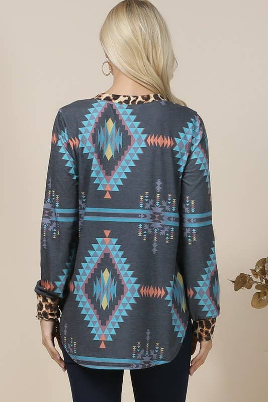 Aztec Print Animal Contrast Criss Cross V-Neck Top NEW ARRIVAL