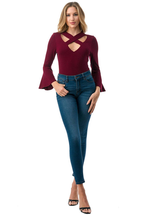 Criss-Cross Cutout Neckline Bell Sleeve Top – Dark Wine | VAVA by Joy Han | XS–L