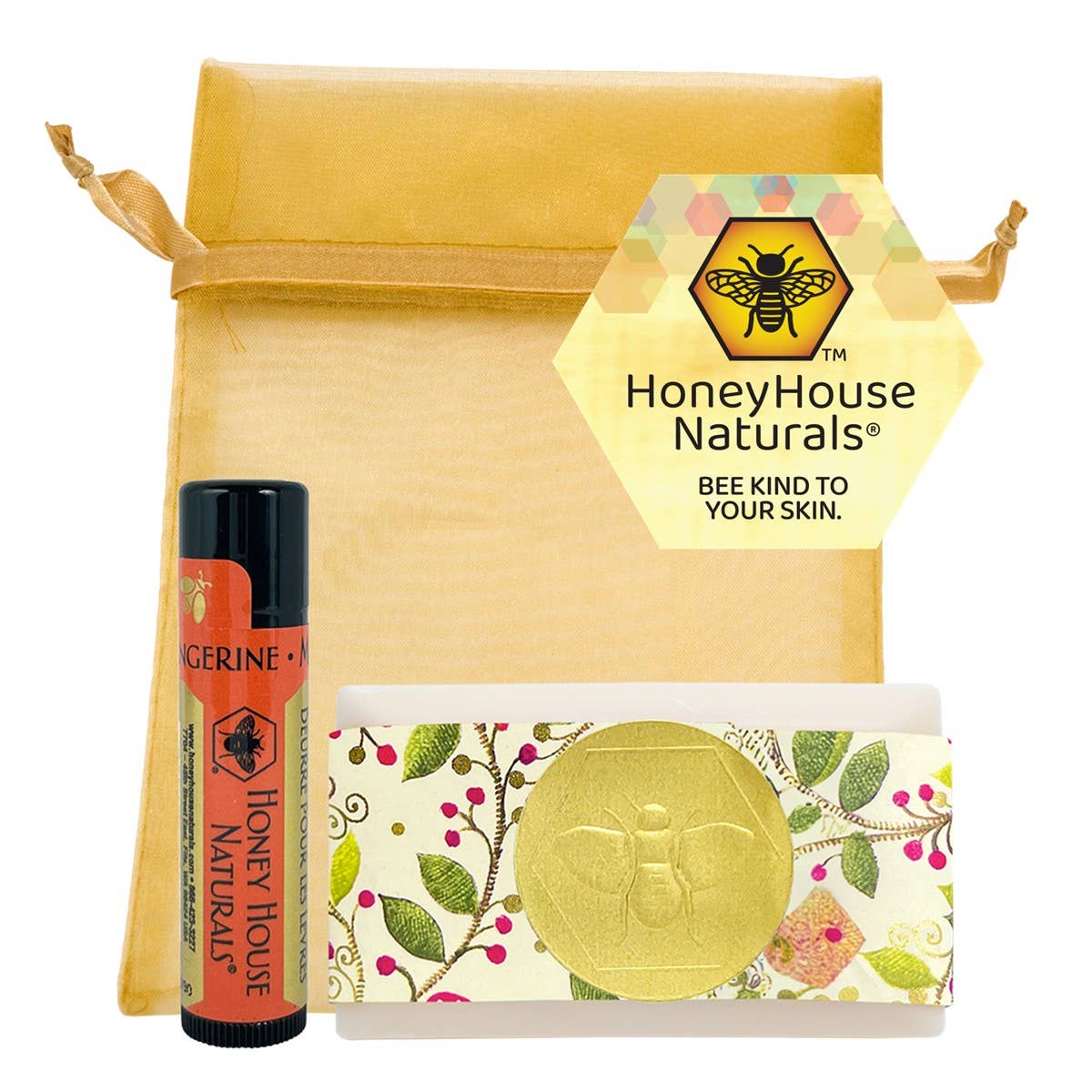 2 Piece Mini Soap & Lip Butter Gift Set In a Beautiful Gold Tulle Bag