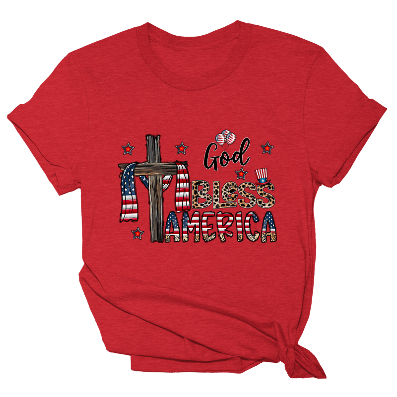 PLUS & REG SIZE PATRIOTIC "God Bless America" & CROSS T-SHIRT | Blue or Red | Charlotte's Classy Closet