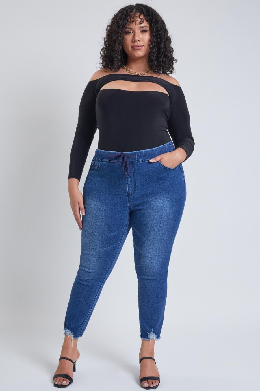 PLUS SIZE HIGH RISE ANIMAL PRINT ANKLE LENGTH FRAYED HEM DENIM JOGGER | Charlotte's Classy Closet