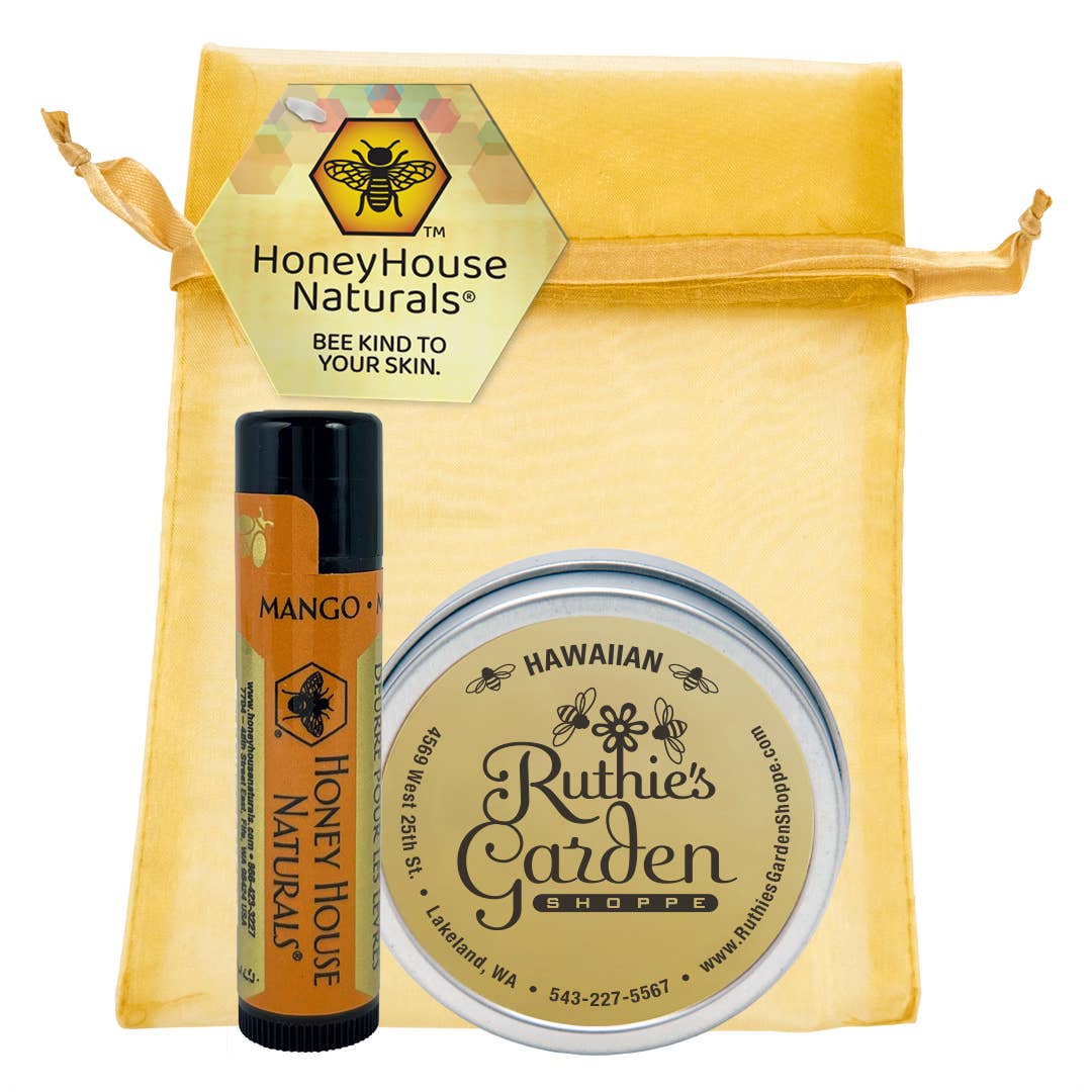 Honey House Naturals 2-Piece Gift Set - Honey Scented Lotion and Raspberry Pomegranate Lip Butter wrapped in a  Gorgeous Gold Organza Bag