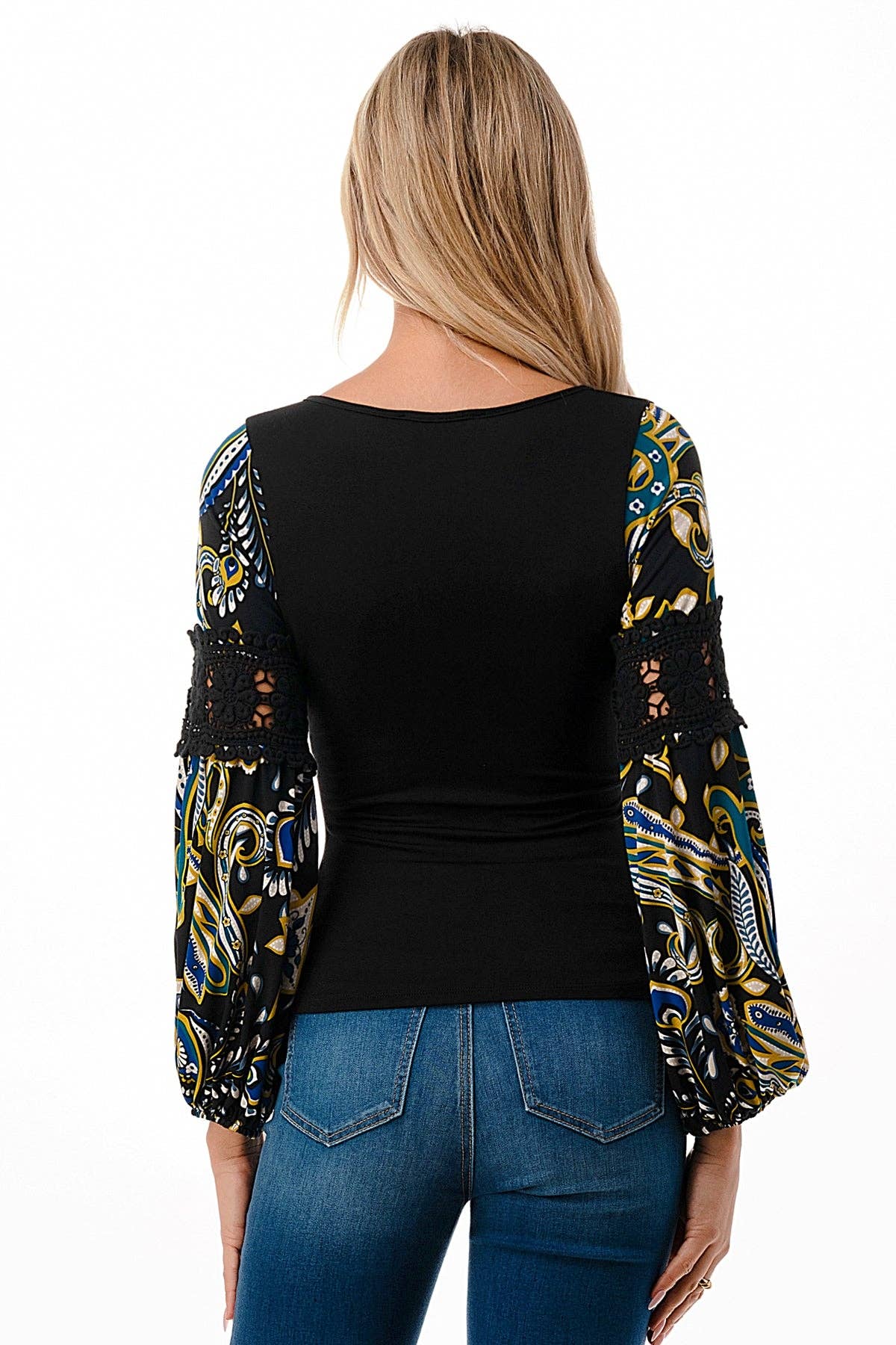 BLACK WRAP PREMIUM QUALITY V-NECK DRAMATIC MULTICOLOR DETAILED SLEEVES WOMEN'S TOP | Charlotte's Classy Closet