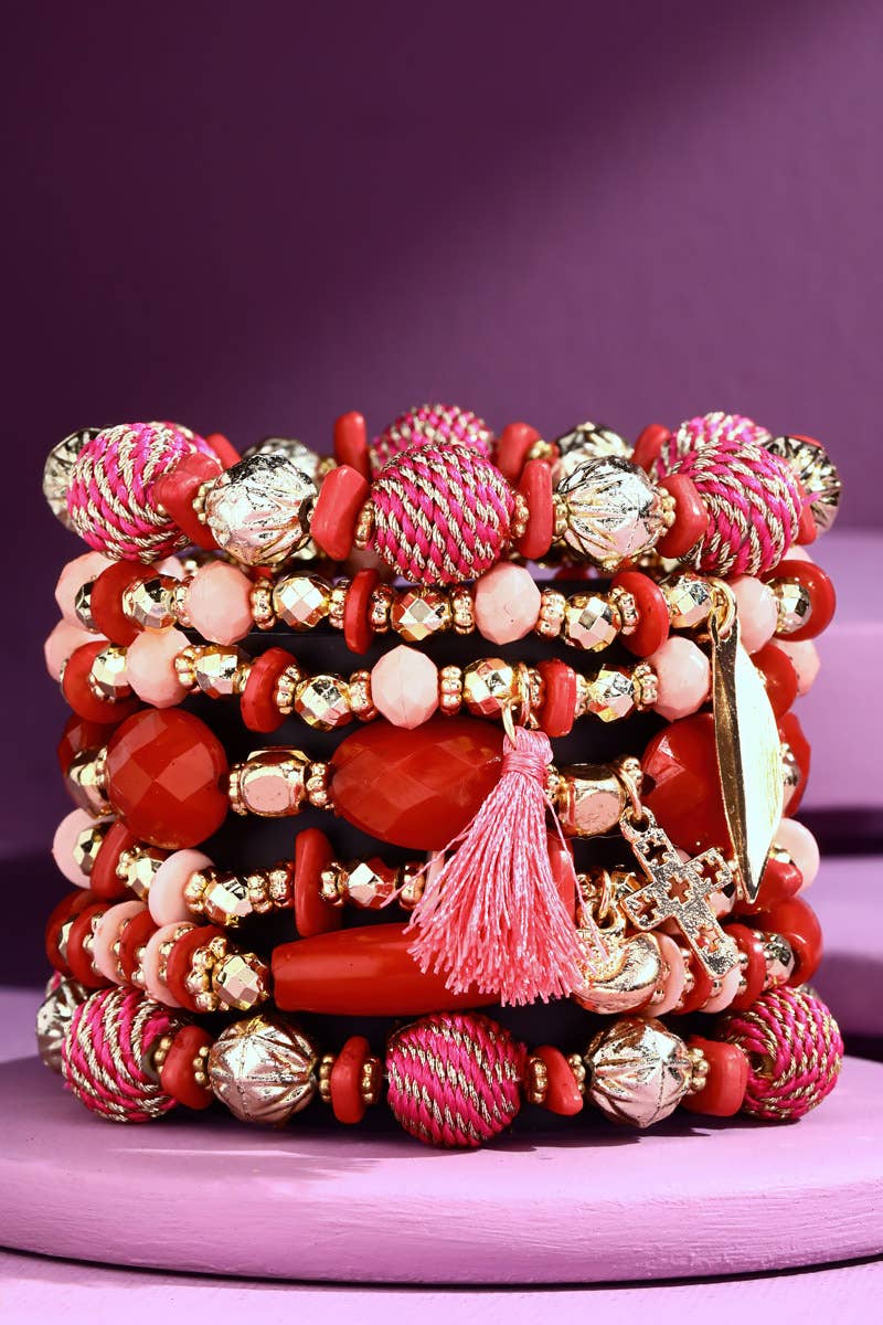 Fuchsia Multi Color 7 Strand Mixed Bead Bracelet with Accent Tassel | Charlotte's Classy Closet