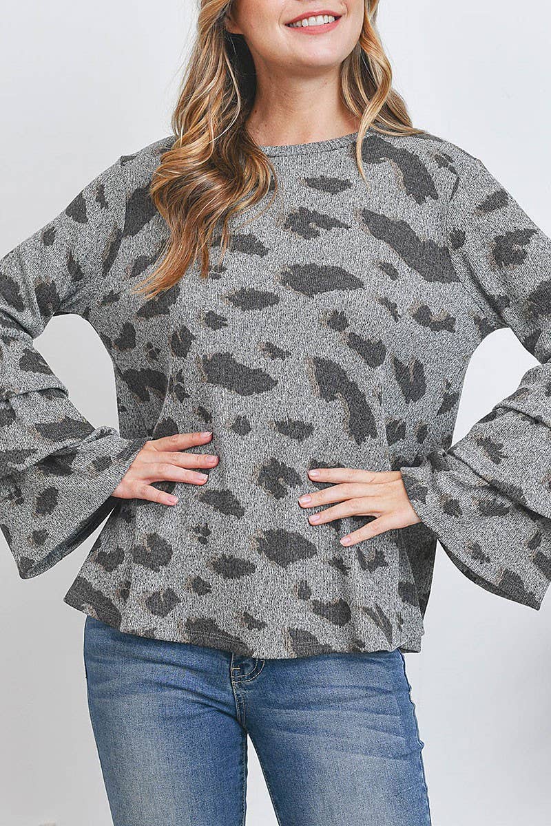 ANIMAL PRINT LIKE TOP WITH LAYERED RUFFLE LONG SLEEVES