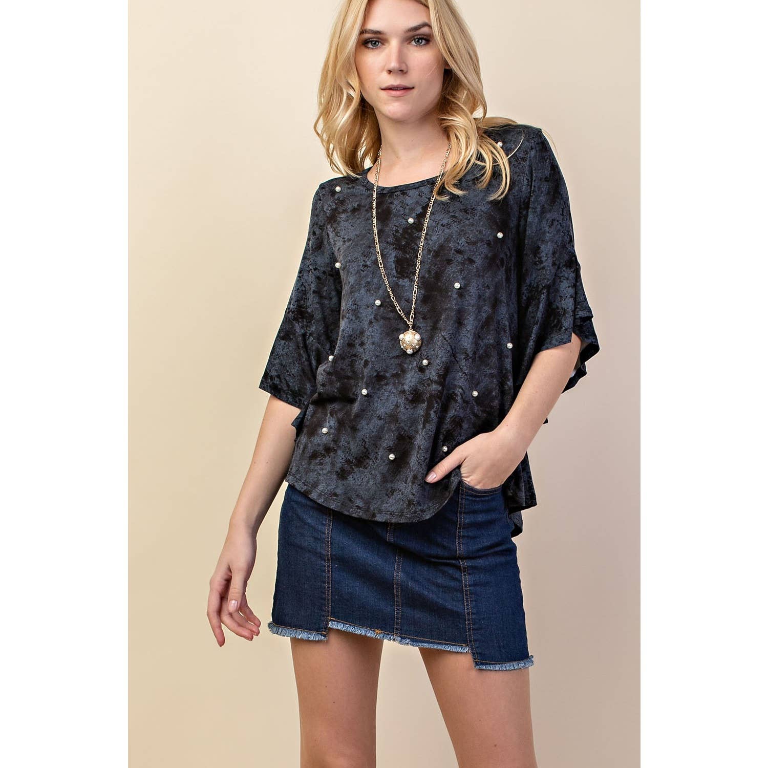 VOCAL BRAND WATERFALL RUFFLE 3/4 LENGTH SLEEVE JERSEY KNIT TOP ADORNED WITH PEARLS