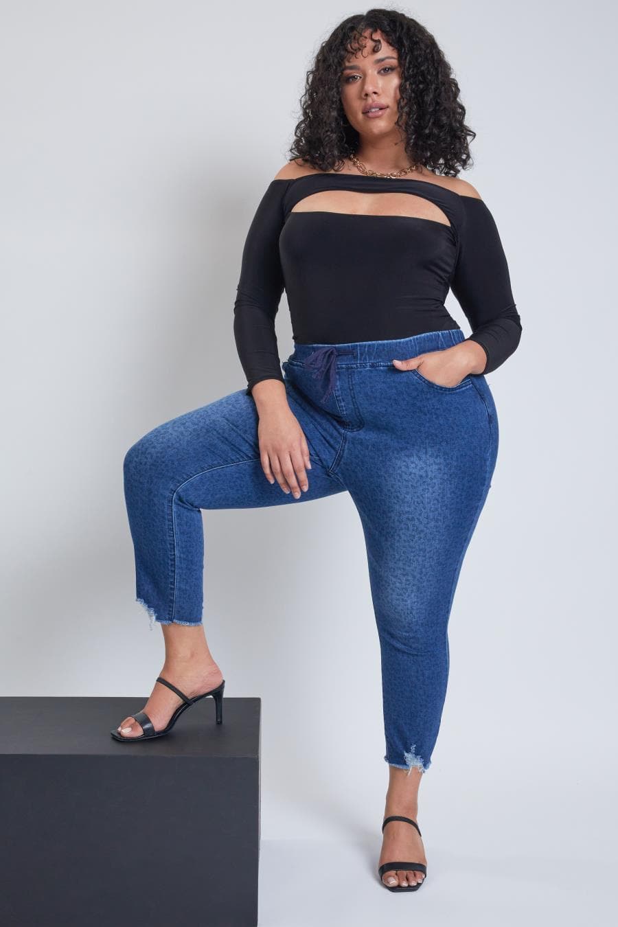 PLUS SIZE HIGH RISE ANIMAL PRINT ANKLE LENGTH FRAYED HEM DENIM JOGGER | Charlotte's Classy Closet