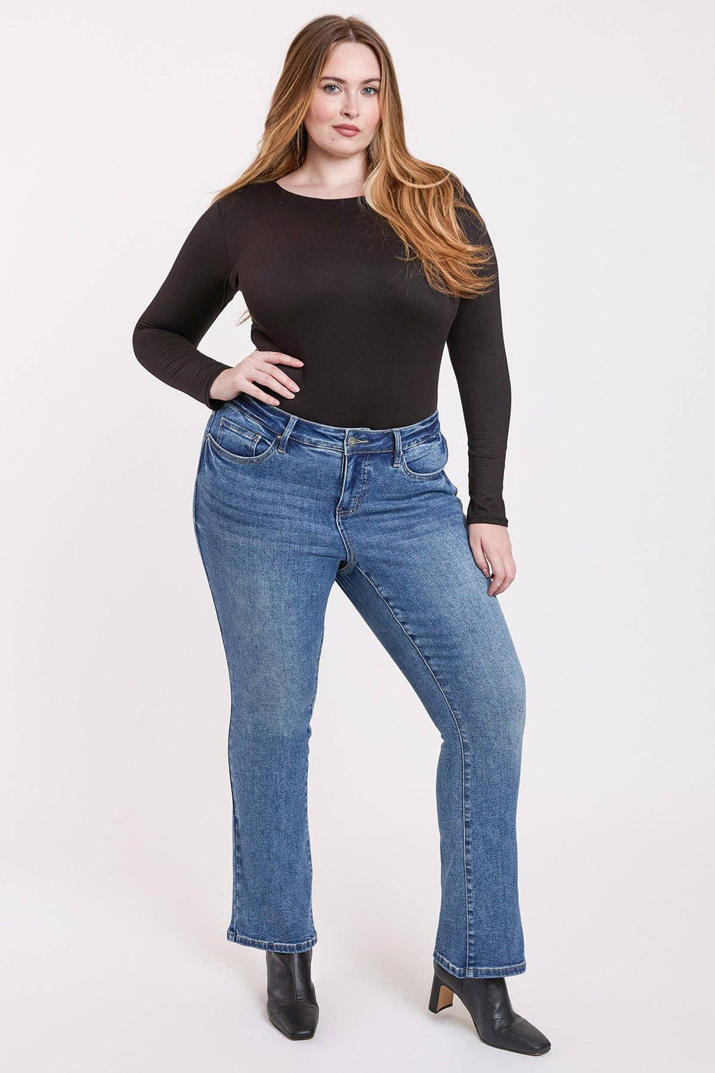 PLUS SIZE TUMMY CONTROL HIGH RISE PREMIUM STRETCH BOOTCUT JEANS | Charlotte's Classy Closet
