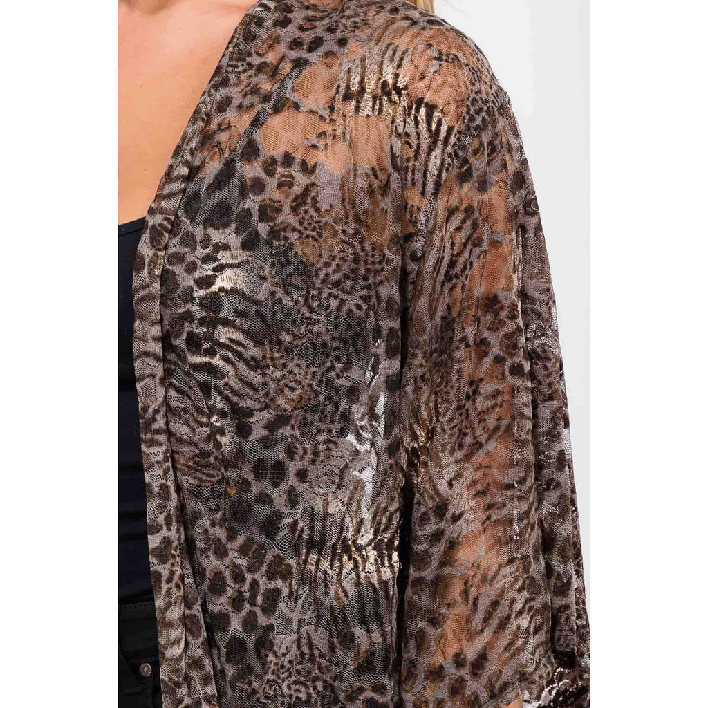 ANIMAL PRINT LIGHTWEIGHT LACE KIMONO STYLE BELL 3/4 SLEEVE CARDIGAN