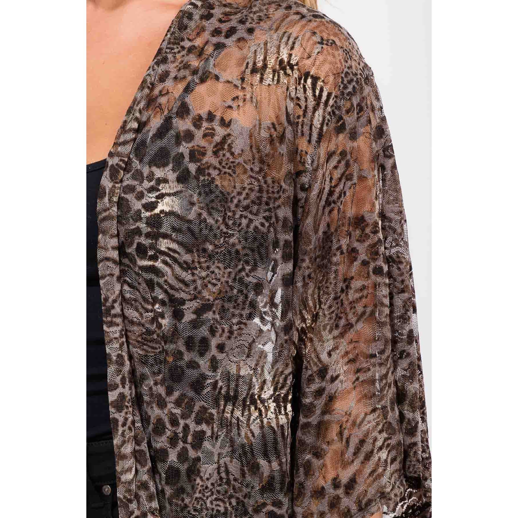 ANIMAL PRINT LIGHTWEIGHT LACE KIMONO STYLE BELL 3/4 SLEEVE CARDIGAN