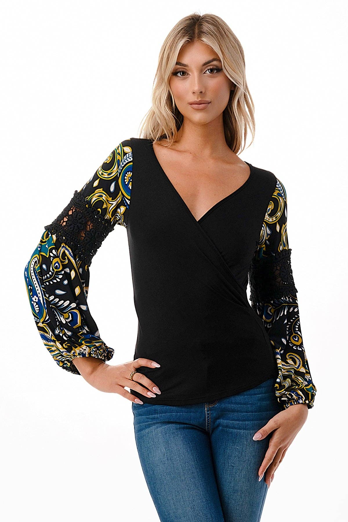 BLACK WRAP PREMIUM QUALITY V-NECK DRAMATIC MULTICOLOR DETAILED SLEEVES WOMEN'S TOP | Charlotte's Classy Closet