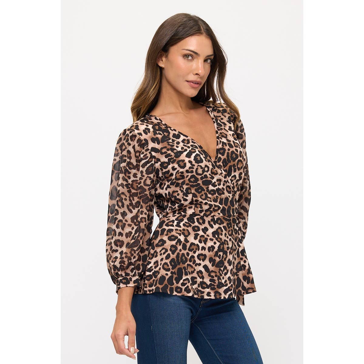 PLUS & REG SIZE ANIMAL PRINT SELF TIE WRAP 3/4 PUFF SLEEVE WOMEN'S TOP