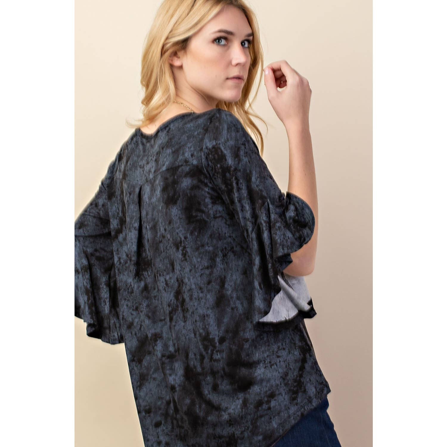 VOCAL BRAND WATERFALL RUFFLE 3/4 LENGTH SLEEVE JERSEY KNIT TOP ADORNED WITH PEARLS