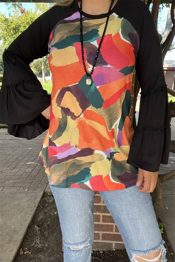 SOUTHERN STITCH MULTI COLOR BODY BLACK RAGLAN BELL LONG SLEEVE