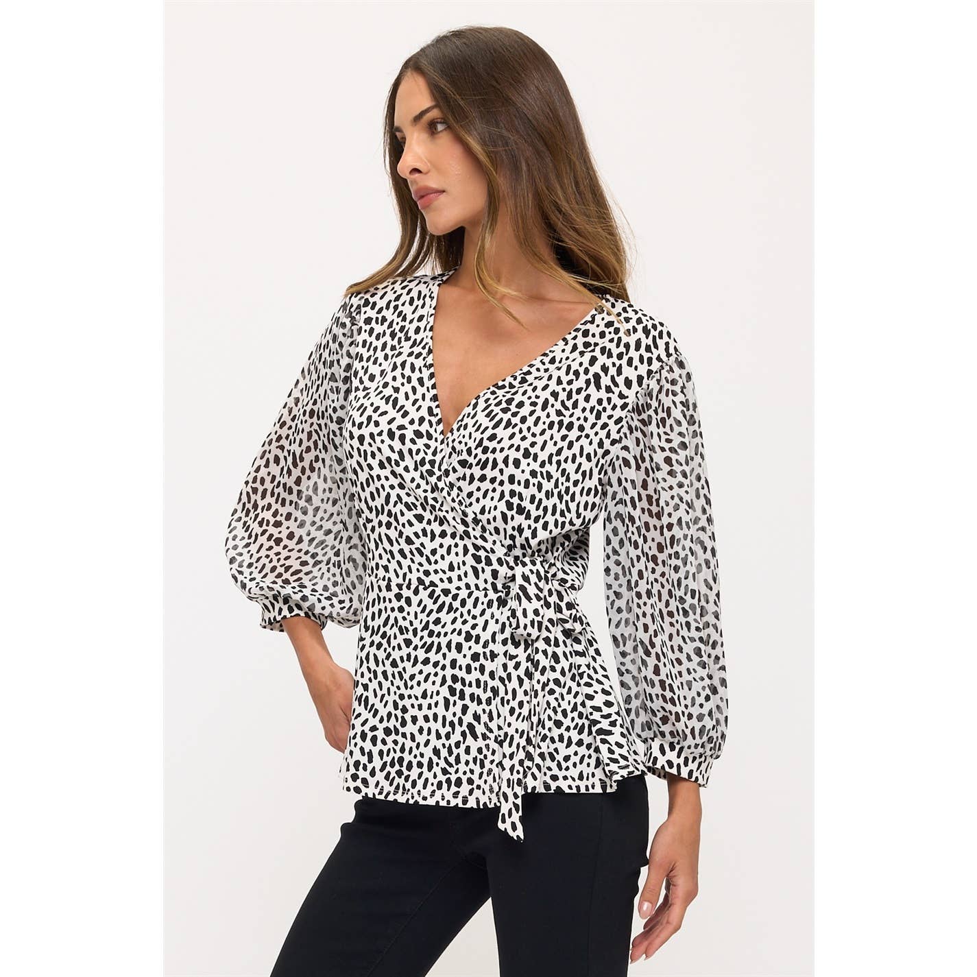 BLACK & WHITE ANIMAL PRINT V-NECK 3/4 LENGTH PUFF SLEEVE SELF TIE WRAP TOP
