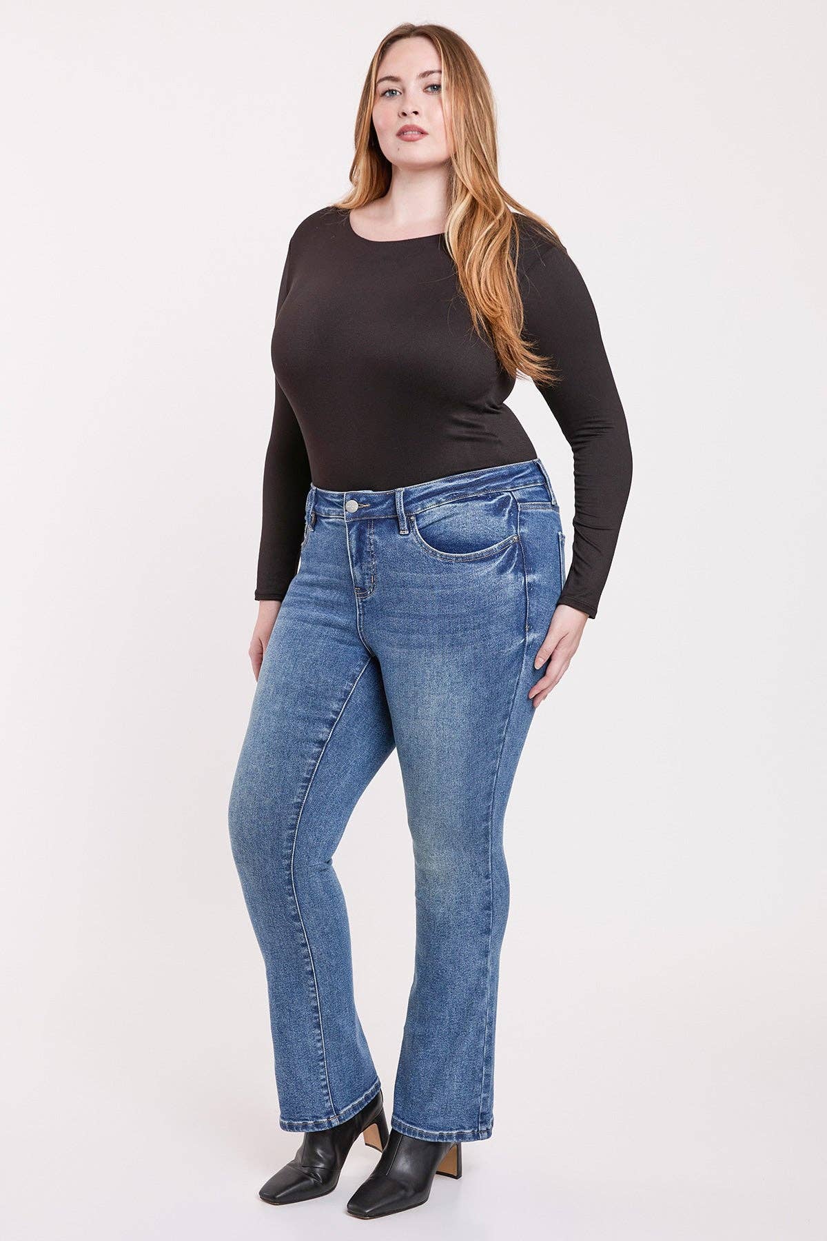 PLUS SIZE TUMMY CONTROL HIGH RISE PREMIUM STRETCH BOOTCUT JEANS | Charlotte's Classy Closet
