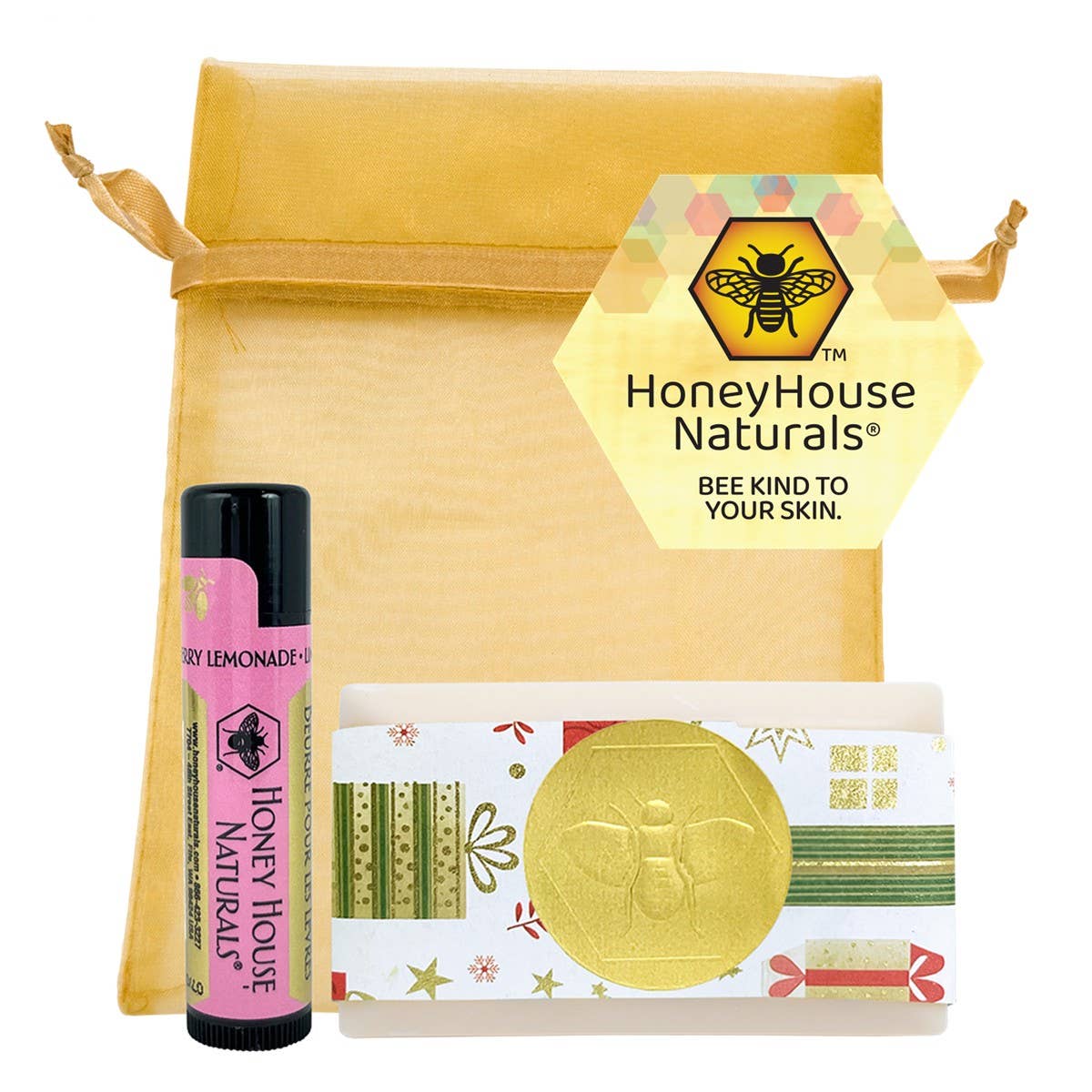 2 Piece Mini Soap & Lip Butter Gift Set In a Beautiful Gold Tulle Bag