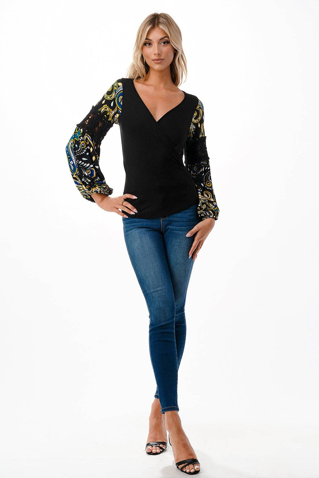 BLACK WRAP PREMIUM QUALITY V-NECK DRAMATIC MULTICOLOR DETAILED SLEEVES WOMEN'S TOP | Charlotte's Classy Closet