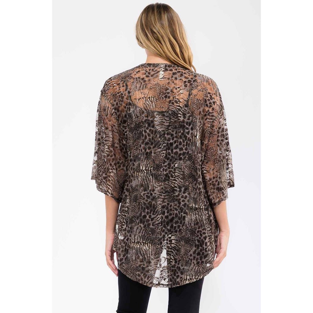 ANIMAL PRINT LIGHTWEIGHT LACE KIMONO STYLE BELL 3/4 SLEEVE CARDIGAN