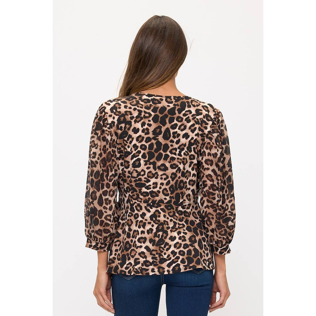 PLUS & REG SIZE ANIMAL PRINT SELF TIE WRAP 3/4 PUFF SLEEVE WOMEN'S TOP