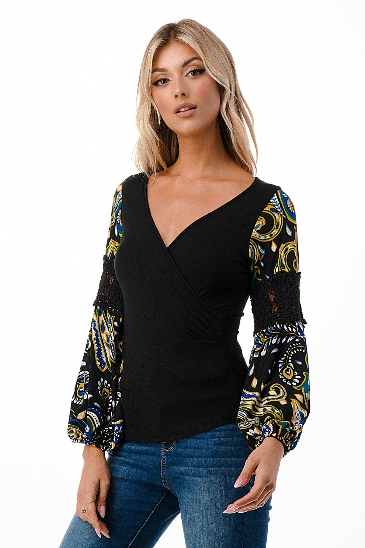 BLACK WRAP PREMIUM QUALITY V-NECK DRAMATIC MULTICOLOR DETAILED SLEEVES WOMEN'S TOP | Charlotte's Classy Closet
