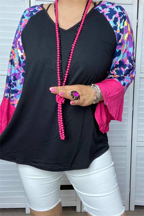 BLACK V-NECK RAGLAN MULTI PRINT LONG RUFFLE SLEEVE TOP