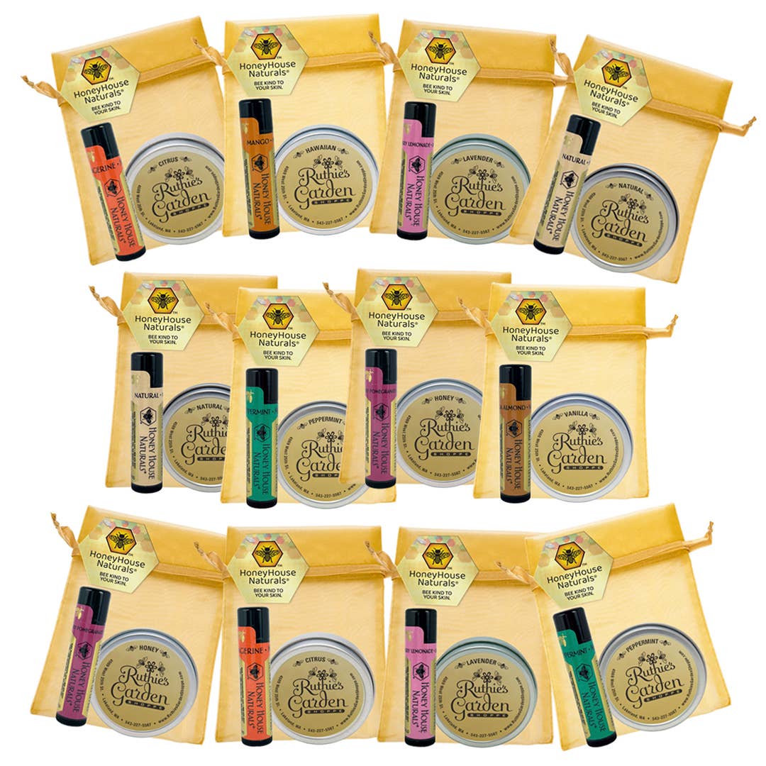 Honey House Naturals 2-Piece Gift Set - Honey Scented Lotion and Raspberry Pomegranate Lip Butter wrapped in a  Gorgeous Gold Organza Bag