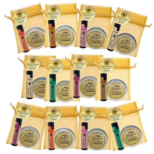 Honey House Naturals 2-Piece Gift Set - Honey Scented Lotion and Raspberry Pomegranate Lip Butter wrapped in a  Gorgeous Gold Organza Bag