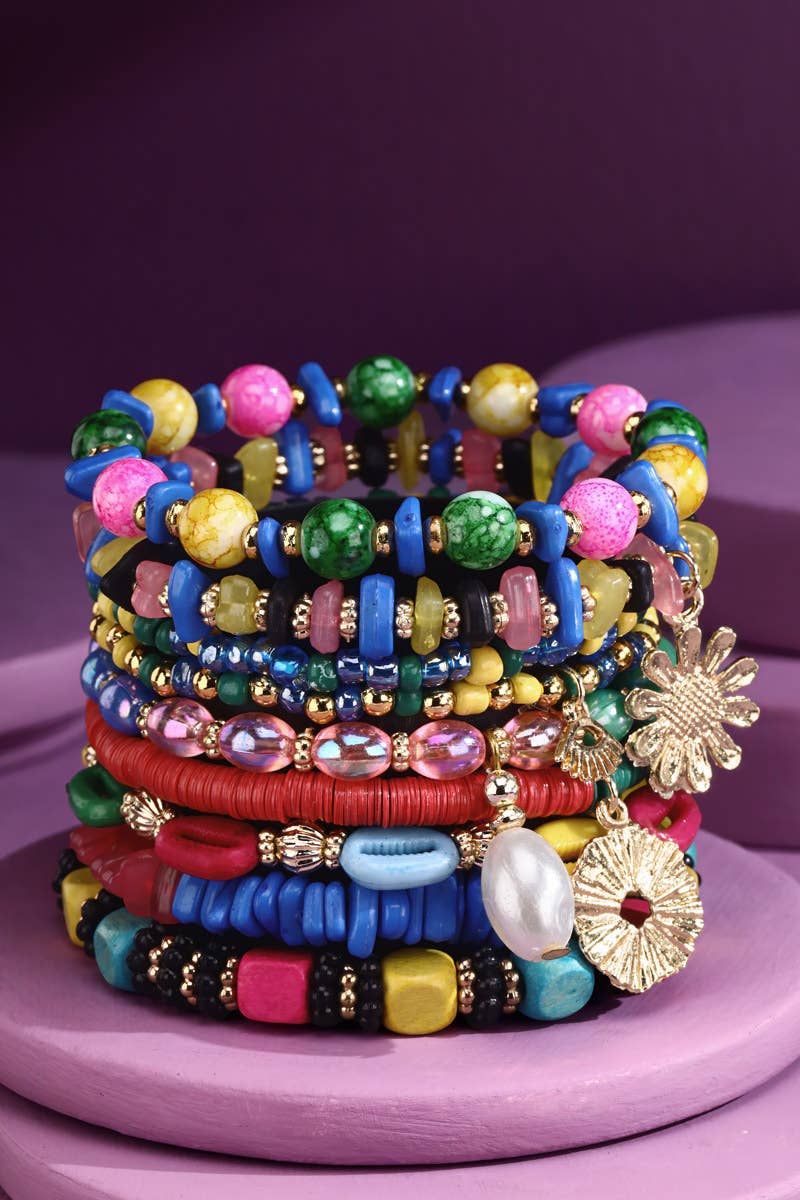 Multi Color Gorgeous 9-Strand Stackable Stretch Bracelet with Charms 