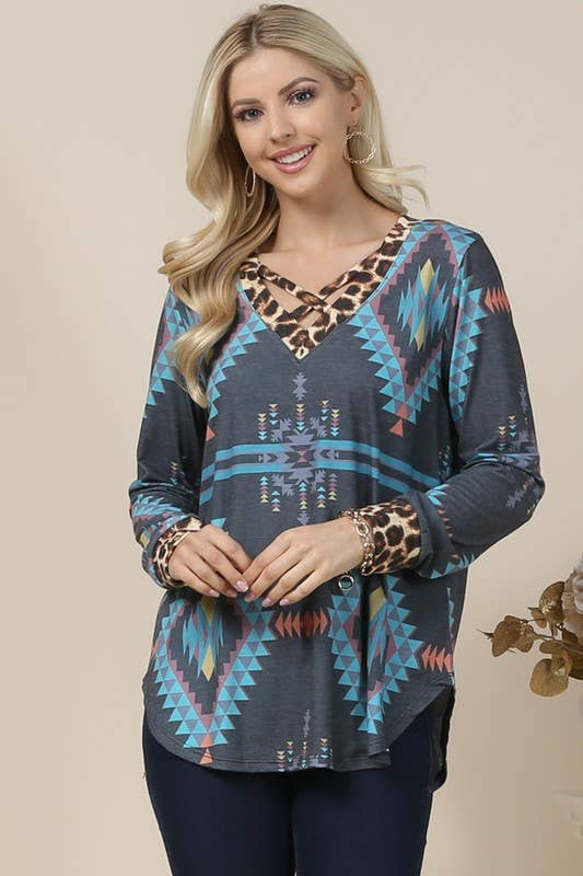 Long Sleeve Aztec Print Animal Contrast Criss Cross V-Neck Top | Charlotte's Classy Closet