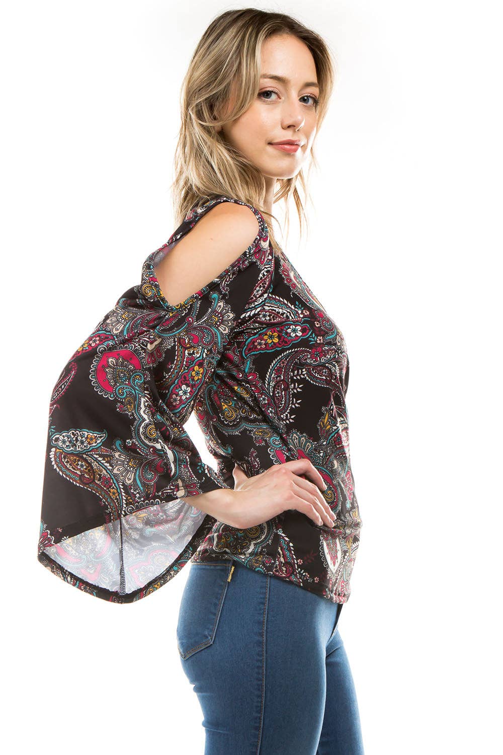 BLACK PAISLEY COLD SHOULDER with GORGEOUS BELL SLEEVE WOMEN'S TOP