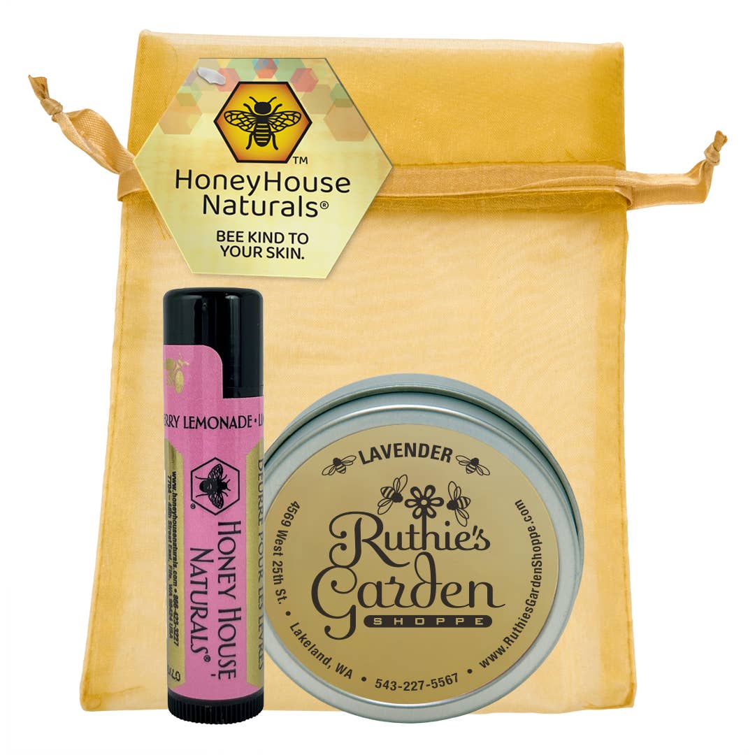 Honey House Naturals 2-Piece Gift Set - Honey Scented Lotion and Raspberry Pomegranate Lip Butter wrapped in a  Gorgeous Gold Organza Bag