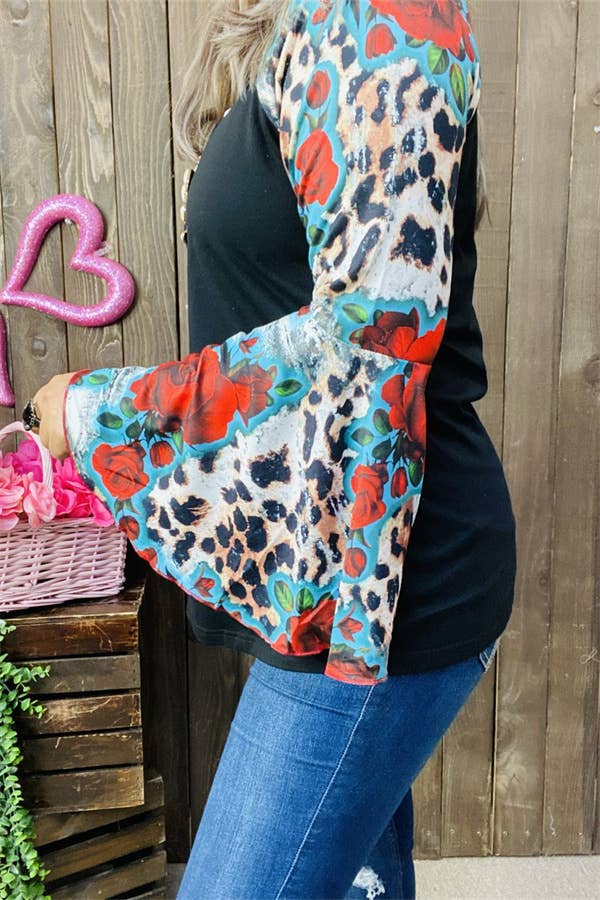 MULTI COLOR RAGLAN LONG BELL SLEEVE BLACK WOMEN'S TOP | Large Only