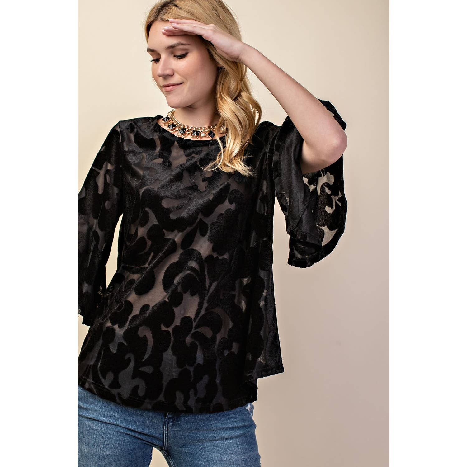STUNNING PRINT 3/4 WATERFALL RUFFLE SLEEVE DRESSY TOP | Black or Mauve Color |  Charlotte’s Classy Closet