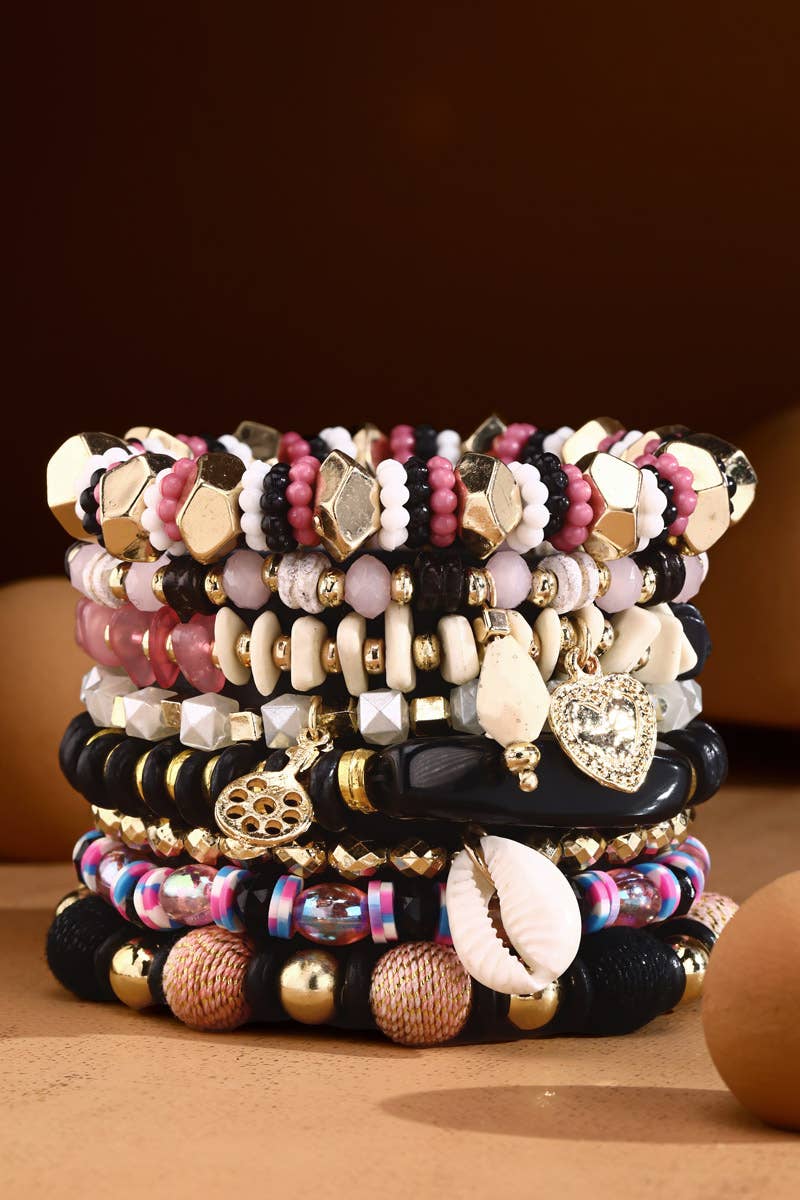 Multi Color 8-Strand Stretch Bracelet with Cowrie Shell Charms - Pink, Black, Gold tone | Charlotte's Classy Closet
