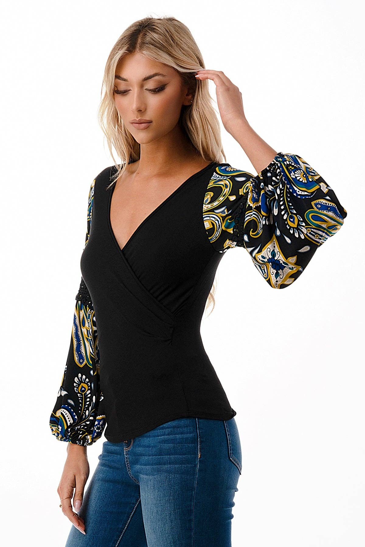BLACK WRAP PREMIUM QUALITY V-NECK DRAMATIC MULTICOLOR DETAILED SLEEVES WOMEN'S TOP | Charlotte's Classy Closet