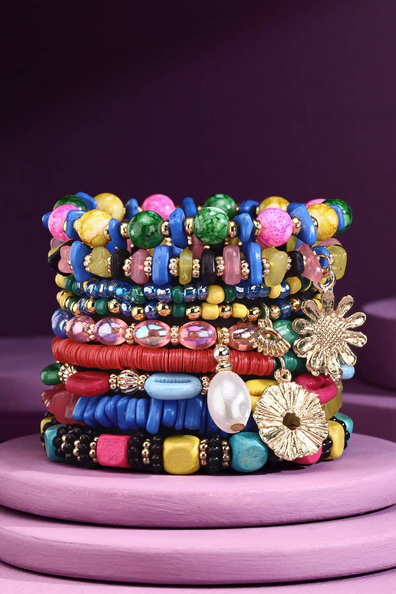 Multi Color Gorgeous 9-Strand Stackable Stretch Bracelet with Charms 